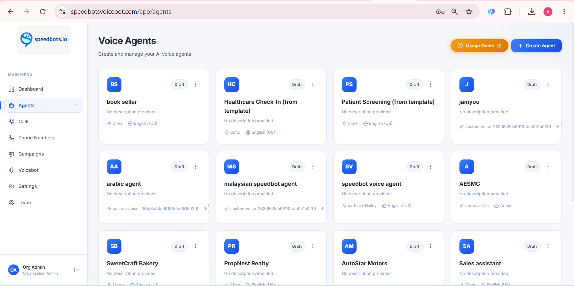 Speedbots Voice Agents management screen